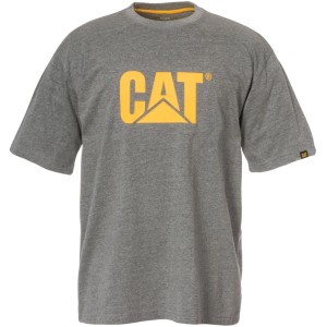 T-shirt Cat Trademark gris foncé, taille M. Vêtement de travail en coton avec logo jaune.