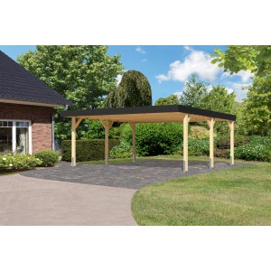Karibu Doppelcarport aus Leimholz, naturbelassen mit anthrazitfarbener Blende. Bietet Schutz vor Witterungseinflüssen.