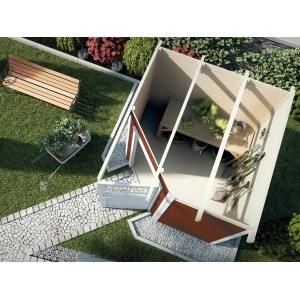 Casetta da giardino in legno Weka Angolo A, tetto piatto, rosso svedese, 209x205 cm, con attrezzi da giardino e mobili in giardino.
