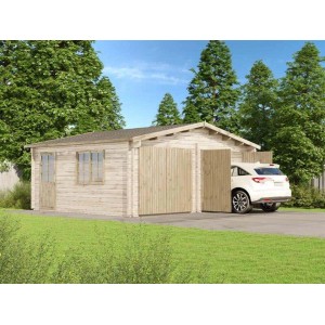 Garage doppia Alpholz D-44 ISO abete naturale con auto. Garage in legno con doppia porta e porta laterale.