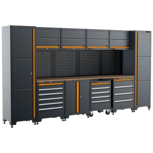Sistema di armadi CarTech in acciaio antracite a 16 pezzi con banco da lavoro e pannello forato per officina e garage.