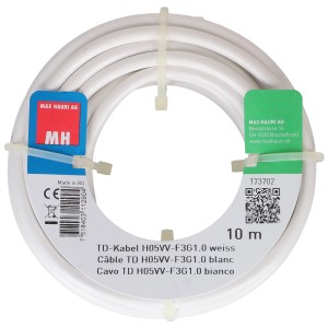 Câble TD blanc H05VV-F, 3x1,0 mm², 10 m, enroulé et fixé avec des colliers de serrage.