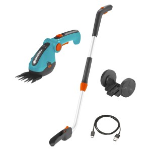 Gardena ComfortCut Li Set de cisailles à gazon sans fil avec manche télescopique et roues.