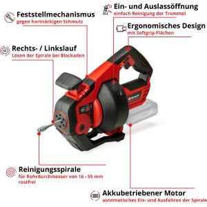 Einhell Power X-Change TE-DA 18/760 Li Solo: Sturatubi a batteria rosso con spirale di pulizia.