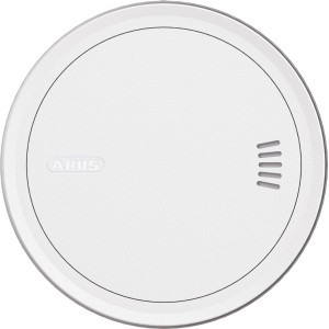 Détecteur de fumée Abus Prefira Slim blanc et rond. Design plat avec logo Abus et fentes d'aération.