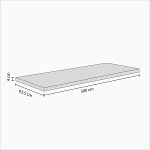 Illustrazione di un piano di lavoro in legno massello di faggio, 300x63,5x4 cm, per cucina o officina.