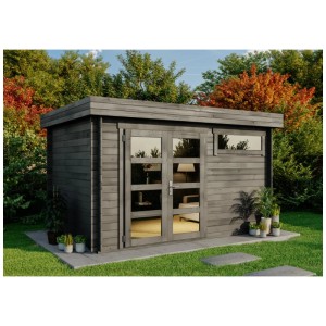 Abri de jardin moderne Alpholz Leandro en bois gris avec double porte et fenêtre.