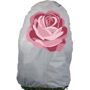 Graue Videx Garden Winterschutz-Vlieshaube Bruno mit rosa Rosenmotiv schützt Pflanze vor Frost. 110x110 cm.