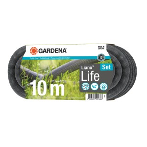 Set tubo da giardino Gardena Liano Life, 10 m, con doccetta e accessori.