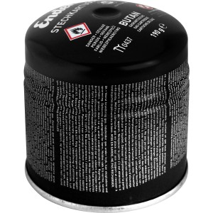 Cartuccia gas Enders® 190g per fornelli da campeggio. Nera, con avvertenze.