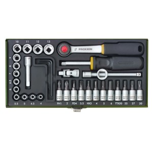 Jeu de clés à douille Proxxon 1/4 pouce, 36 pièces dans un coffret en acier. Clés et embouts de tournevis.