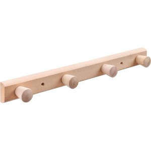 Hettich Garderobenleiste aus roher Buche mit 4 Holzhaken und vorgebohrten Löchern für die Wandmontage.