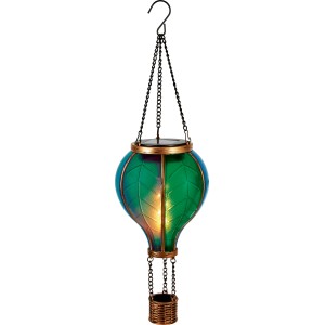 Lampe solaire décorative LED Palloni, lot de 2 montgolfières vertes et violettes avec effet de flamme.