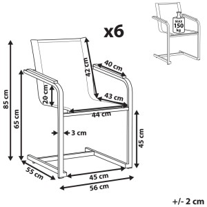 Diagramma del set di sedie da giardino Beliani Cosoleto in acciaio inox grigio (6 pezzi) con dimensioni.