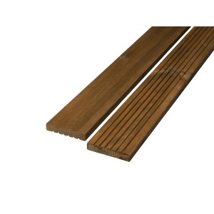 Lame de terrasse en pin, couleur teck, 28x145 mm, longueur 3 m, surface lisse et rainurée.