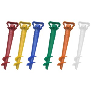 Supporto per ombrellone in plastica assortito in rosso, giallo, blu, verde, arancione e bianco.