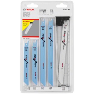 Jeu de lames de scie sabre Bosch, 6 pièces pour bois et métal, avec boîte de rangement.