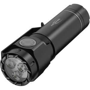 Lampe torche rechargeable Ansmann noire en aluminium avec lumière LED 2000 lm, bouton latéral et clip.