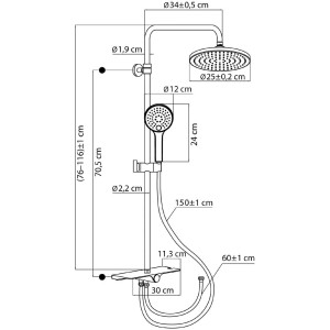 Disegno tecnico del sistema doccia Tima cromato con dimensioni di soffione e doccetta, asta e mensola.