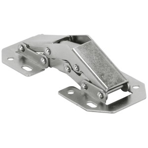 Charnière à visser Hettich avec ressort, argentée, pour construction de meubles sans perçage.