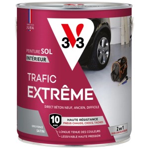 Peinture sol V33 Trafic Extrême gris foncé, finition satinée, pot de 2,5 l. Idéale pour garages et ateliers.