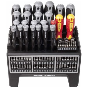 Set cacciaviti e inserti Kraftwerk, 114 pezzi, con vari cacciaviti e inserti nel sistema di stoccaggio.