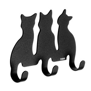 Porte-manteau Tigre noir avec trois motifs de chats, idéal pour salle de bain et couloir.