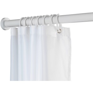 Barre de douche télescopique blanche Wenko Luz avec anneaux et rideau.