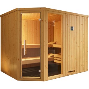 Sauna angolare Weka Varberg con porta e finestra in vetro, abete naturale, incl. stufa.