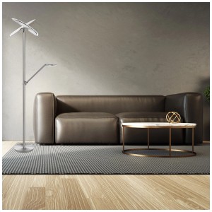 Moderna lampada da terra a LED Mondilux Vinci, alta 180 cm, finitura nickel-opaca, con due elementi illuminanti.