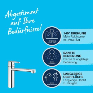 Mitigeur de cuisine Grohe QuickFix Get, chrome, avec bec pivotant mi-haut (140°).