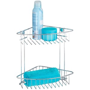 Étagère d'angle Wenko Classic à 2 niveaux chromés, avec décoration.