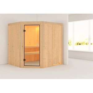 Sauna Karibu Bodo con ingresso ad angolo e porta in vetro bronzato. Sauna in legno massello per ore di relax.