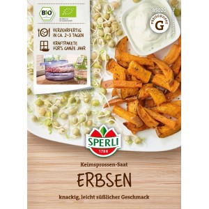 Sperli BIO Germogli di piselli: Confezione con semi di piselli e suggerimento di servizio con germogli e patate dolci.