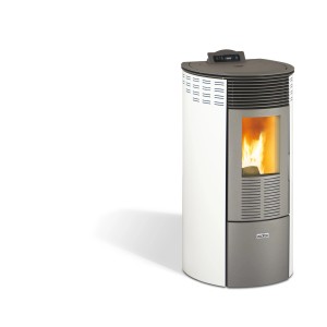 Poêle à pellets Ecofox rond blanc 12 avec fenêtre et flammes.