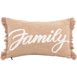 Cuscino decorativo beige 30x50 cm con frange e scritta bianca "Family".
