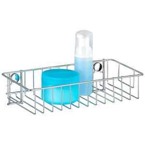 Mensola a muro Wenko Classic Chrome con prodotti da bagno blu, cestello in filo metallico per bagno e cucina.