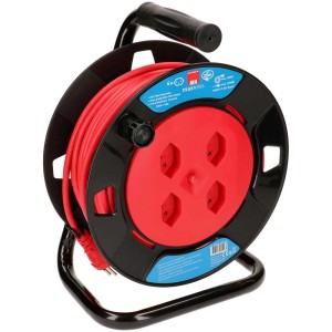 Enrouleur de câble 4 prises, câble 25 m, rouge et noir, cadre en métal.