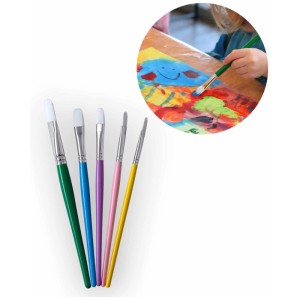 I Am Creative Pinselset Kids, 5 Nylonpinsel in bunten Farben und Kind beim Malen.
