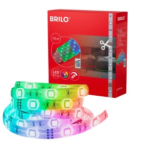 Striscia LED RGB Brilo 10m con cambio colore e telecomando, arrotolata davanti alla confezione rossa.