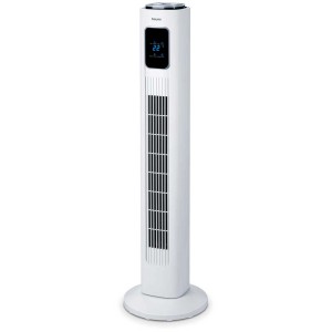 Ventilateur tour Beurer LV 200 blanc avec écran et base ronde.