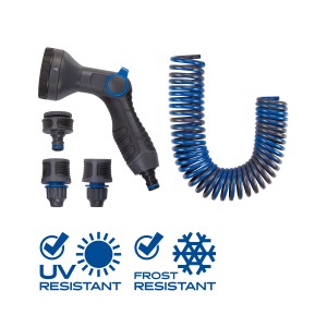 Set doccia LUX-TOOLS con tubo a spirale, 5 getti, per irrigazione flessibile del giardino.