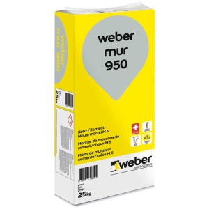 Sacco da 25 kg di malta di calce-cemento Weber mur 950, adatta per lavori di muratura.