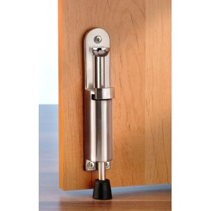 Butée de porte Burg Wächter TF 165 Ni SB, aspect inox, montée sur porte en bois.