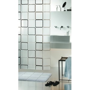 Spirella Duschvorhang Frame, 180x200 cm, schwarz-weißes Quadratmuster.