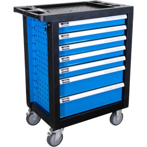 Chariot d'atelier bleu Güde Premium GWSP 07 avec set d'outils 250 pièces et rangement.
