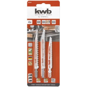Set di lame per seghetto alternativo KWB, 4 pezzi, per legno e metallo. Lame per diverse applicazioni.
