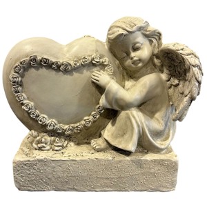 Figurine d'ange grise (hauteur 16,5 cm) avec cœur, idéale comme décoration funéraire.