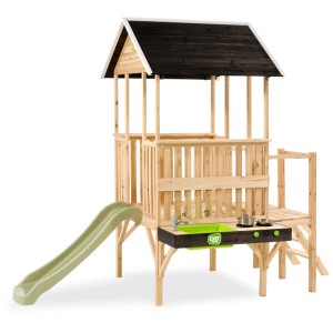 Exit Toys Cabane en bois Panorama avec toboggan et cuisine d'extérieur pour enfants dès 2 ans.