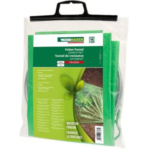 Windhager Tunnel en feuille kit complet, feuille verte et arceaux métalliques dans un sac transparent.